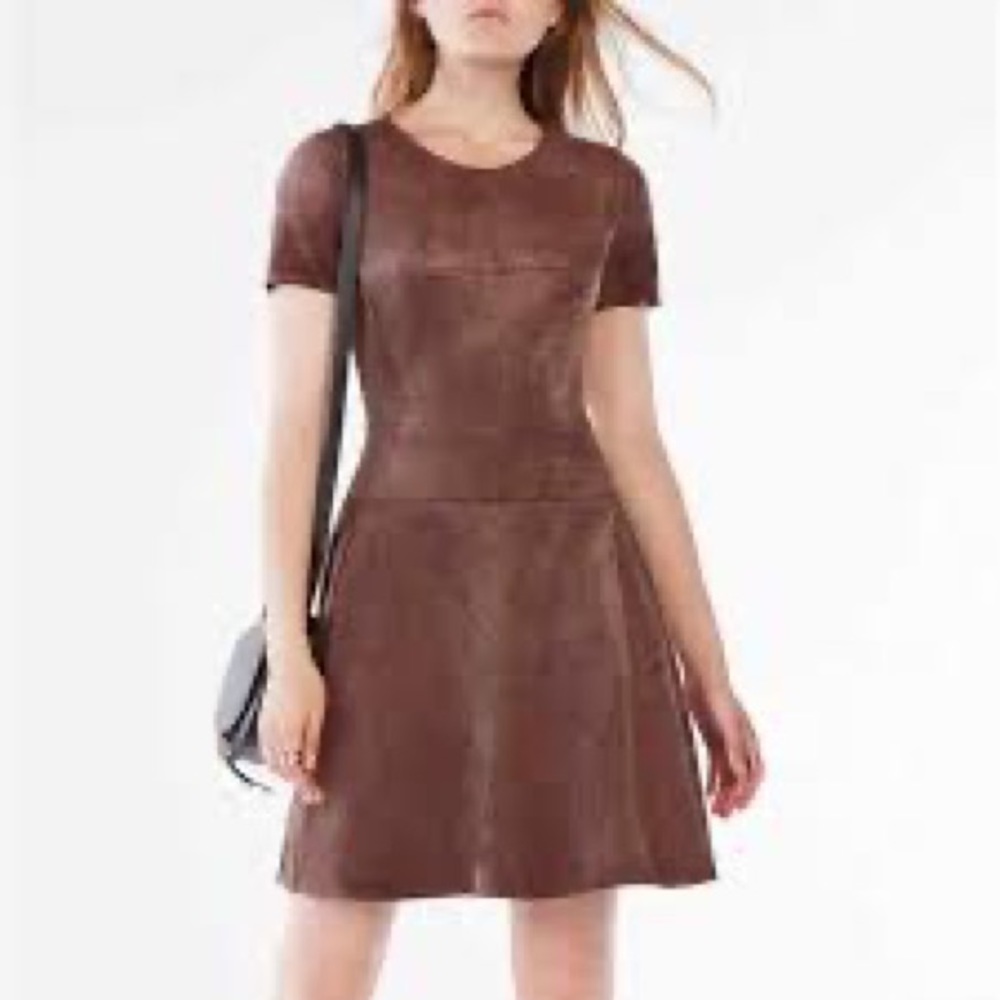 BCBGMAXAZRIA Suede Like A-Line Fit Flare Brown Womens Dress Zip Back Size 6 EUC